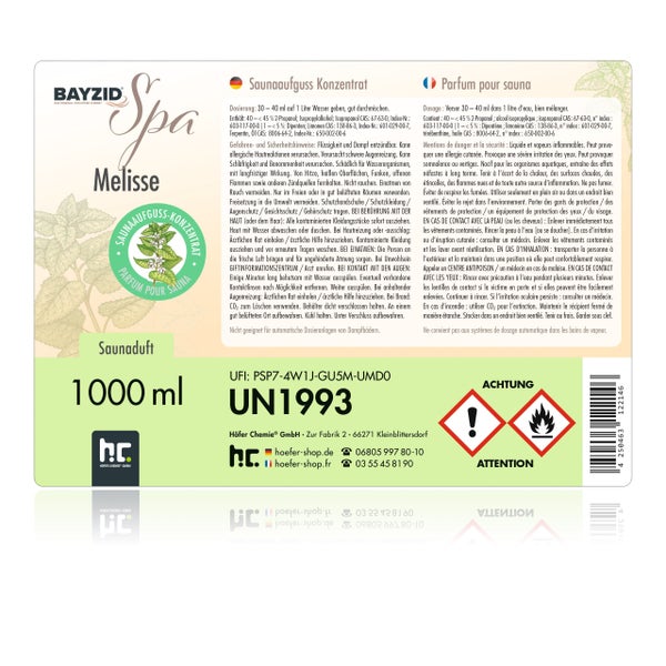 Saunaaufguss Konzentrat Melisse in einer 1000 ml Flasche
