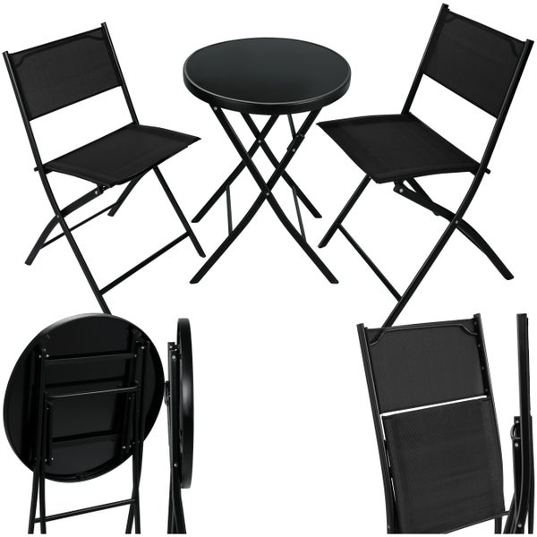 Bistro-Set tectake Düsseldorf Tisch mit Sicherheitsglasplatte klappbar, für 2 Personen schwarz