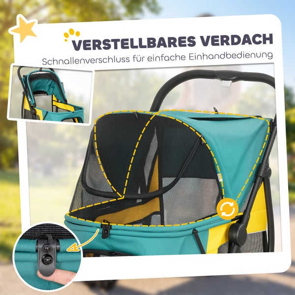 Hundebuggy mit verstellbarem Verdeck und Schnallenverschluss für die Einhandbedienung.
