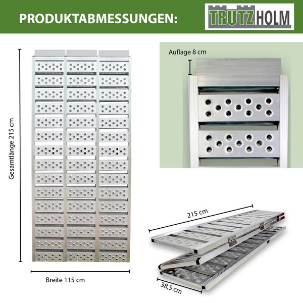Abmessungen der Trutzholm Klapprampe: Länge 215 cm, Breite 115 cm, Auflage 8 cm, zusammengeklappt 38,5 cm