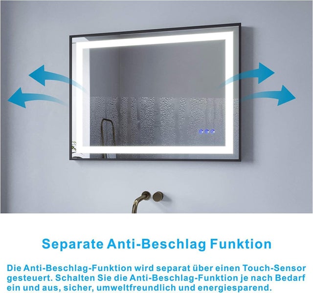 Rechteckiger Badezimmerspiegel mit LED Beleuchtung und integrierter Antibeschlag Funktion mit Touchsensor.