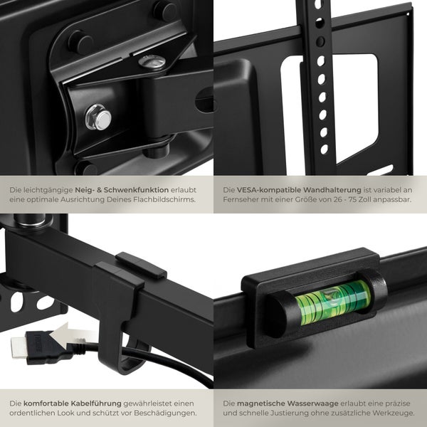Wandhalterung für Fernseher mit Schwenkarm, Kabelführung und magnetischer Wasserwaage zur Montage von Geräten zwischen 26 und 75 Zoll.