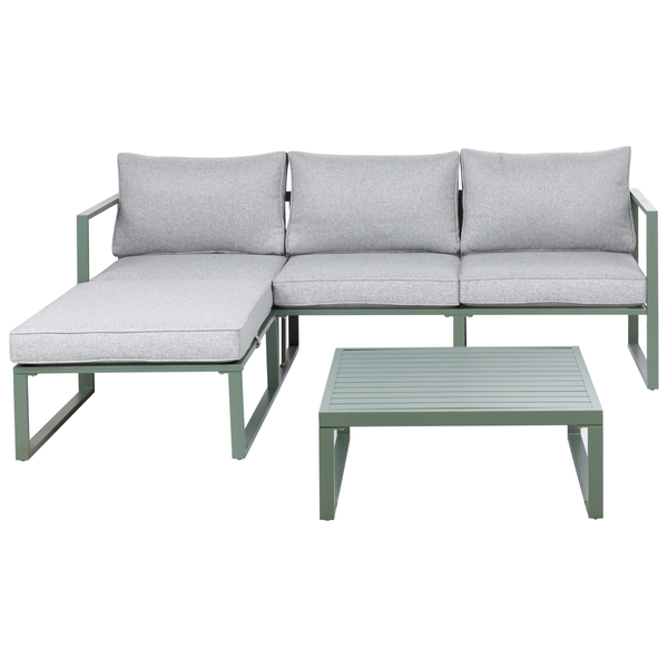 Modernes Garten-Lounge-Set bestehend aus einem Ecksofa und einem niedrigen Couchtisch, mit Metallgestell und Polstern.