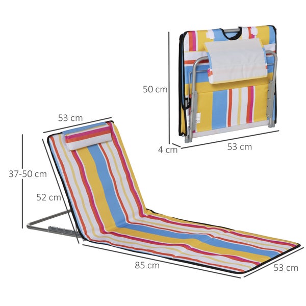 Outsunny Strandmatte, 2er Set Faltbare Strandliege mit Kopfkissen, 5-stufige Höhenverstellbare Strandmatratze mit Tragetasche, Stahl, Mehrfarbig, 134 x 48 x 33-43 cm