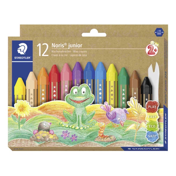 Staedtler Noris junior Wachsmalkreiden, 12er-Set mit Schaber, geeignet für Kinder ab 2 Jahren, Durchmesser circa 14 Millimeter.