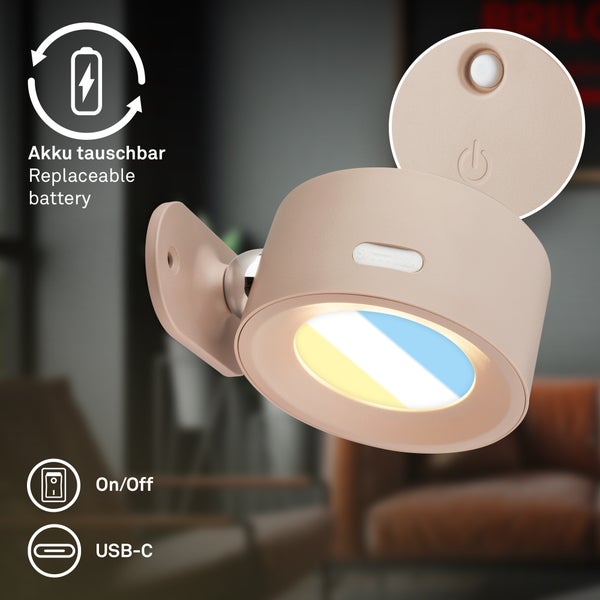 Beige akkubetriebene LED-Wandleuchte mit Magnethalterung, austauschbarem Akkumulator, USB-C-Anschluss und einstellbarer Lichtfarbe.