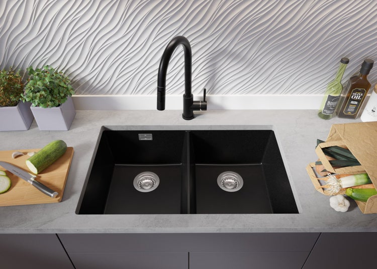 PRIMAGRAN Unterbauspüle Granit Alles Schwarz 76x47cm, Spülbecken 2 Becken + Ablauf-Set, Granitspüle ab 80er Unterschrank - London Twin