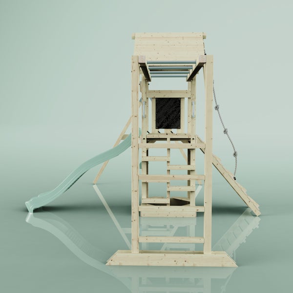 Spielturm mit Rutsche, Kletterwand, Strickleiter und Kletterstangen