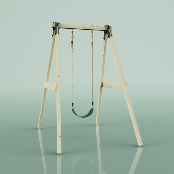Schaukelgestell aus Holz mit einer Einzelschaukel, flexiblem grünem Sitz und höhenverstellbaren Seilen für den Garten.