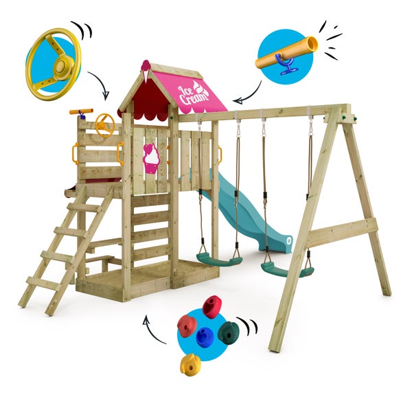 WICKEY Spielturm Klettergerüst VanillaFlyer mit Schaukel und Rutsche, Kletterturm mit Sandkasten, Leiter und Spiel-Zubehör - türkis