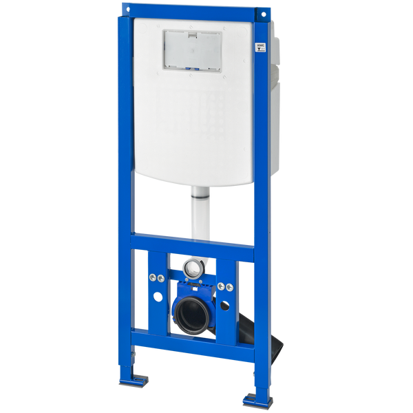 WC-Vorwandelement mit blauem Metallrahmen und weißem Spülkasten für Wand-WCs.