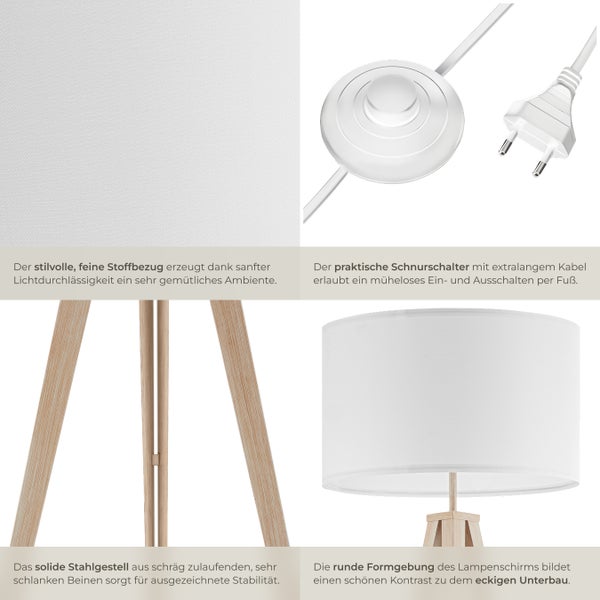 Detailansicht einer Stehlampe mit Stoffbezug, Schnurschalter, Kabel, Stecker und Stahlgestell