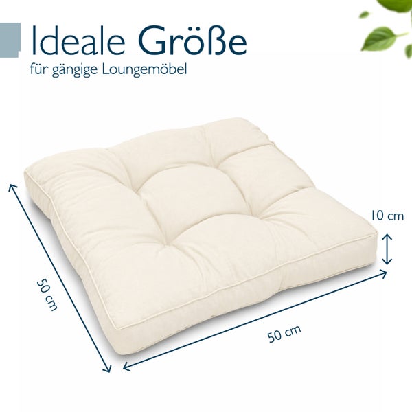 Quadratisches Loungekissen mit einer Größe von 50 mal 50 Zentimetern und einer Höhe von 10 Zentimetern für Loungemöbel