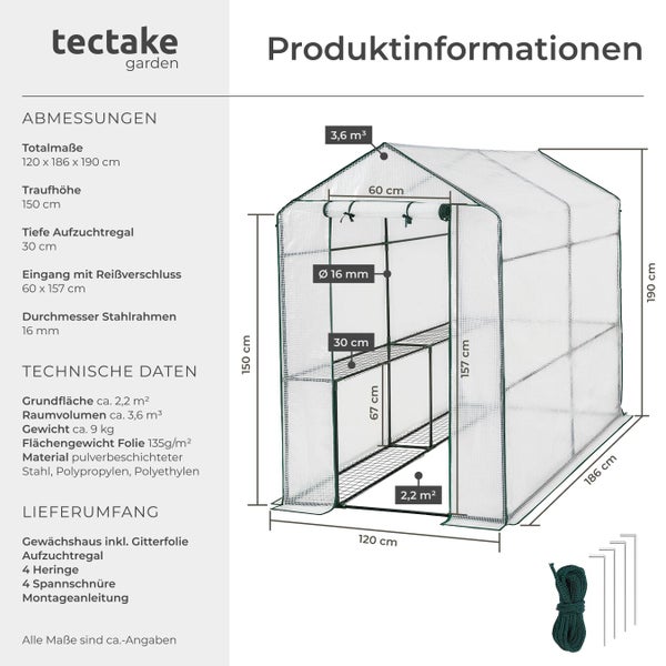 Produktinformationen Gewächshaus mit Stahlrahmen und Gitterfolie