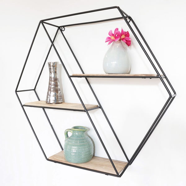 Wandregal aus schwarzem Metall, 3 Holzregale – Sechseck diagonal