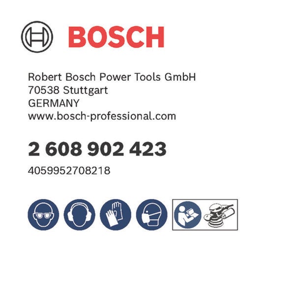 Bosch Logo. Schutzmaßnahmen: Schutzbrille, Gehörschutz, Handschuhe und Mundschutz tragen. Bedienungsanleitung lesen. Exzenterschleifer benutzen.