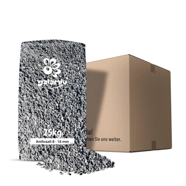 Galamio Ziersplitt Anthrazit, Körnung 8 bis 16 Millimeter, 25 Kilogramm Sack neben einem Karton.