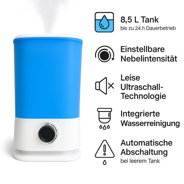 Ultraschall-Luftbefeuchter mit 8,5 Liter Tank, einstellbarer Nebelintensität, integrierter Wasserreinigung und Abschaltautomatik.