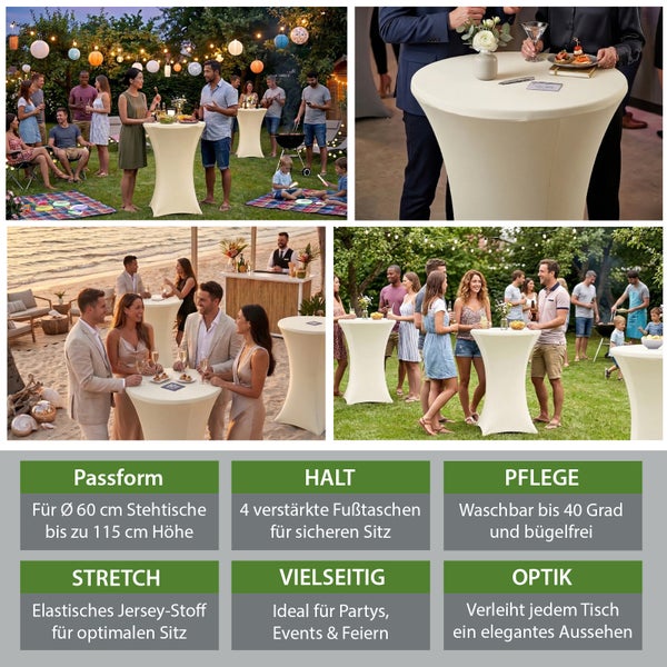 Elastische Stehtischhusse für Tische mit 60 Zentimeter Durchmesser, ideal für Partys und Events, maschinenwaschbar bis 40 Grad, mit Fußtaschen.