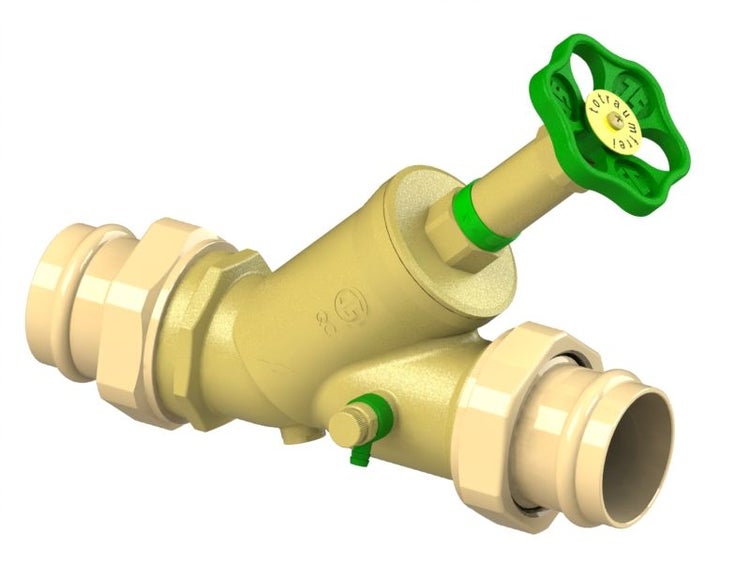 Freistromventil mit Pressanschluss und grünem Handrad für die Trinkwasserinstallation.