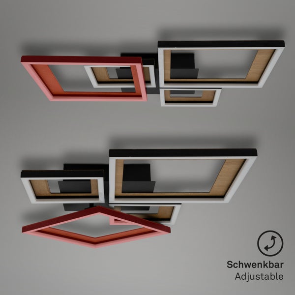 Schwenkbare Deckenleuchte mit mehreren rechteckigen Rahmen in verschiedenen Größen und Farben.