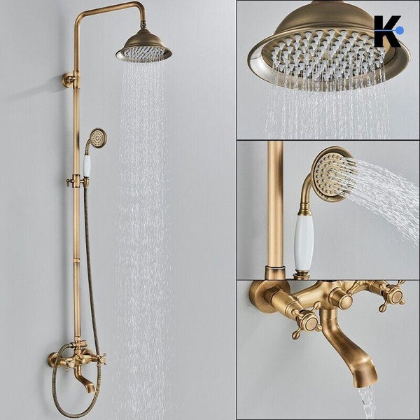 NALA | Vintage Regendusche Set Messing unlackiert Edelstahl | Retro Design Duscharmatur Duschsystem | Mischbatterie Dusche komplett mit Handbrause