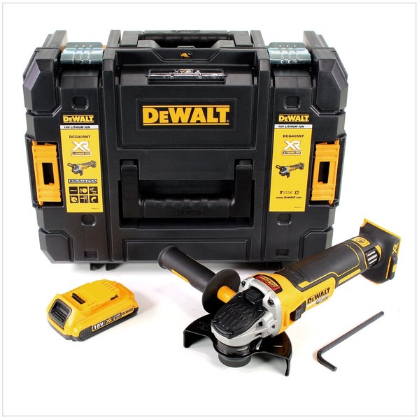 DeWalt Akku-Winkelschleifer DCG405NT mit TSTAK-Box, 18 Volt Akku und Montageschlüssel.