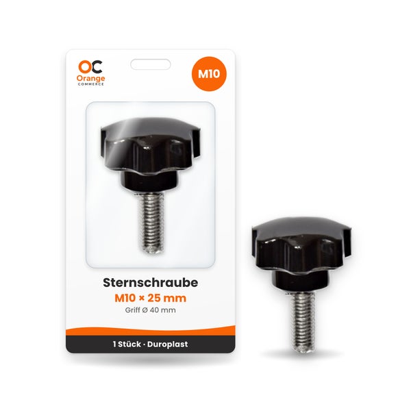 Sternschraube M10 x 25 Millimeter mit 40 Millimeter Griffdurchmesser aus Duroplast auf Blisterverpackung