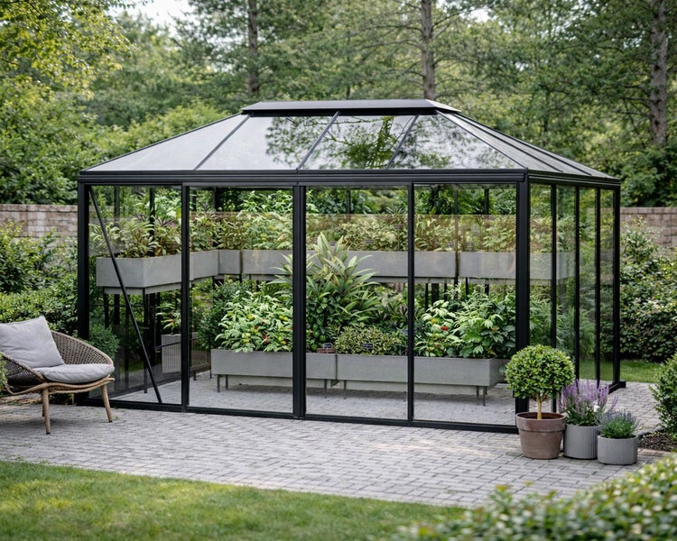 Modernes Gewächshaus mit schwarzem Metallrahmen und Glaswänden auf einer gepflasterten Terrasse, im Inneren befinden sich Pflanzkästen mit Pflanzen.