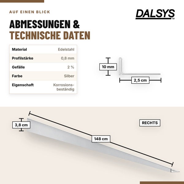 Technische Zeichnung und Produktdatenblatt der Dalsys Edelstahlschiene mit Bemaßung und Korrosionsbeständigkeit für die Fliesenverlegung