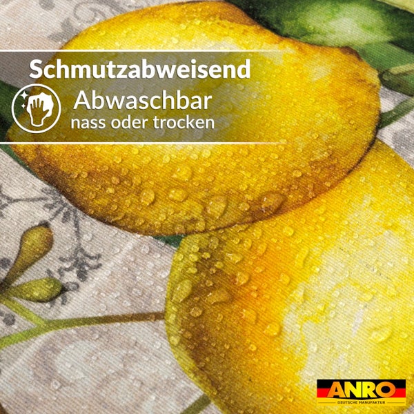 Schmutzabweisendes und nass oder trocken abwaschbares Material mit Zitronenmuster und Wassertropfen. ANRO Logo.