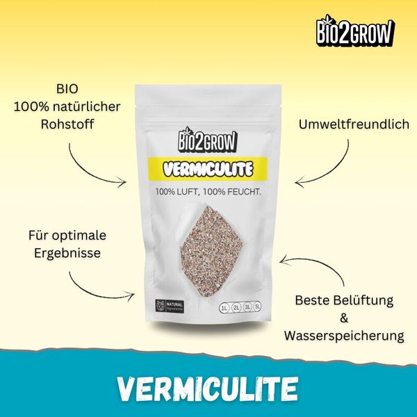 Bio2Grow Vermiculite Verpackung. Vermiculite ist ein natürlicher Rohstoff für optimale Ergebnisse, beste Belüftung und Wasserspeicherung. Umweltfreundlich.