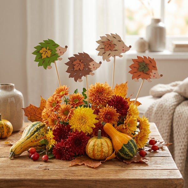 Herbstliche Tischdekoration mit Chrysanthemen, Zierkürbissen und Igel Steckern aus Holz auf einem Holztisch.