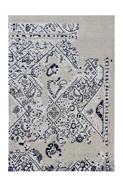 Rechteckiger Teppich in Beige mit dunkelblauem orientalischem Muster im Vintage-Stil.