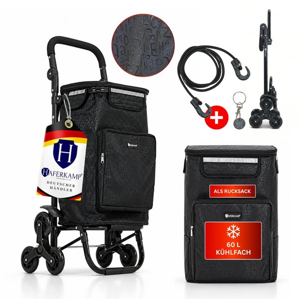 Haferkamp Treppensteiger Einkaufstrolley mit 60 Liter Kühltasche, als Rucksack tragbar, mit Zubehör, schwarz gemustert.