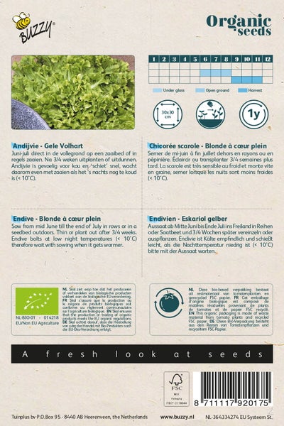 Buzzy Organic Seeds Packung mit Endivie, Pflanzanleitung und Bio-Siegel