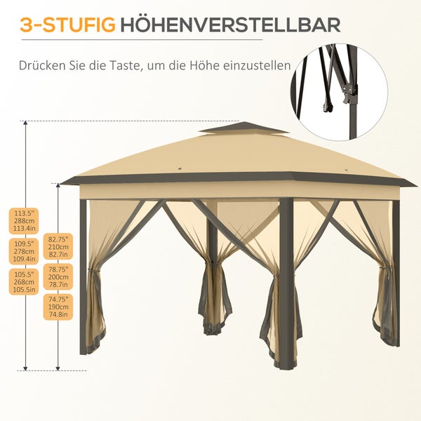 Outsunny Pavillon 3,3x3,3m, wasserabweisend Winterfest Pop-up Faltpavillon mit Doppeldach, UV Schutz, Faltbar Partyzelt Gartenzelt mit Seitenteilen, Tasche Gartenpavillon für Camping Garten, Beige