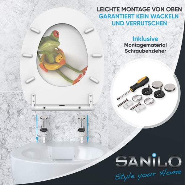 Sanilo WC-Sitz mit Frosch-Motiv, inklusive Montagematerial und Schraubendreher, einfache Montage von oben. Sanilo Logo.