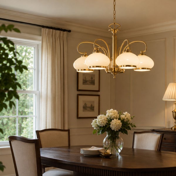 Klassischer Kronleuchter mit Messinggestell und fünf kugelförmigen Glasschirmen über einem Esstisch in einem elegant eingerichteten Speisezimmer.