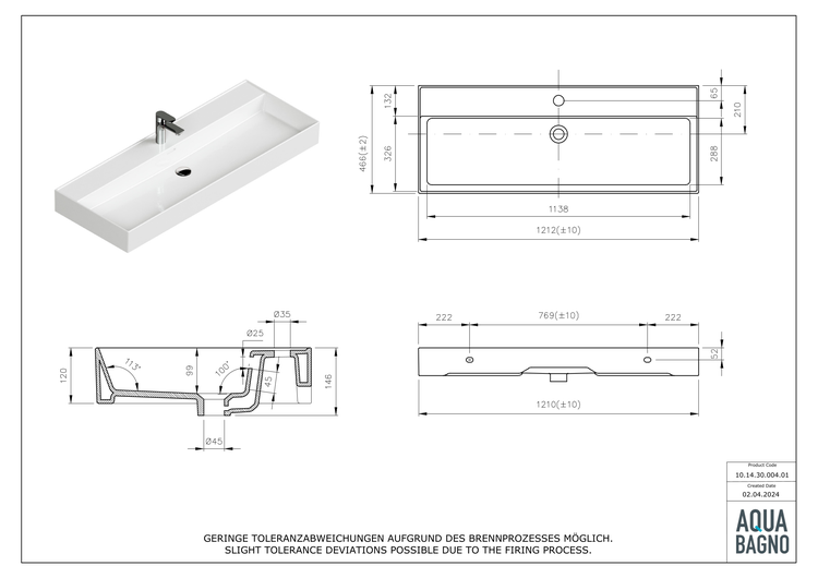 Technische Zeichnung eines weißen Aufsatzwaschtischs mit Maßangaben