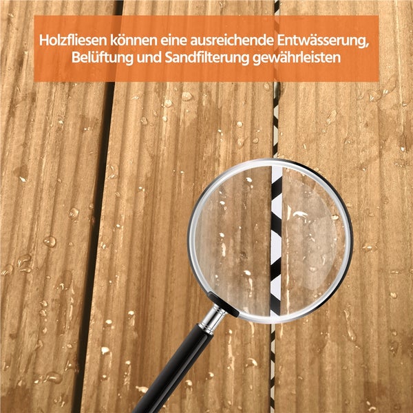 Detailaufnahme von Holzfliesen mit Vergrößerungsglas, die Entwässerung, Belüftung und Sandfilterung zeigen