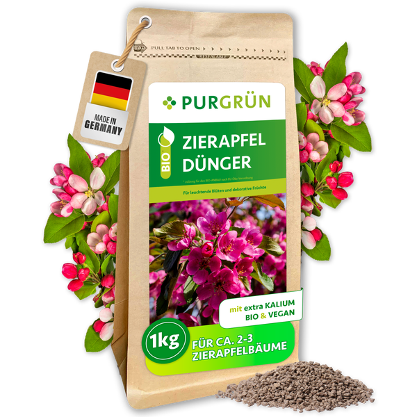 Purgrün Bio Zierapfel Dünger in der 1 Kilogramm Packung, organisches Krümelgranulat zur Bodenverbesserung und für eine intensive Blütenfärbung.