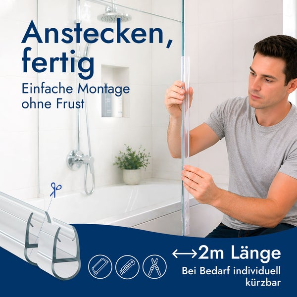 Montage einer transparenten Duschdichtung an einer Glaswand, 2 Meter Länge, individuell kürzbar.