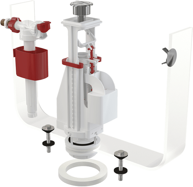 Toiletten-Innengarnitur aus Kunststoff für Spülkästen mit Füllventil, Ablaufventil, verchromter Spültaste und Montageset.