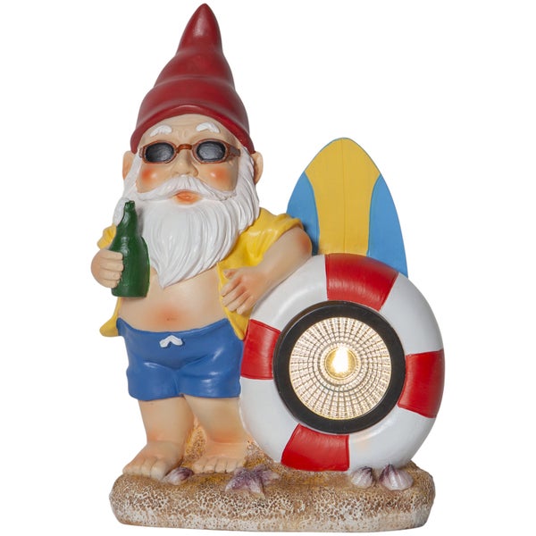 Gartenzwerg mit Sonnenbrille, Rettungsring und Surfbrett als Solarleuchte