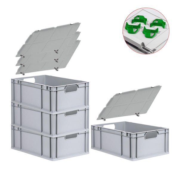 PROREGAL Spar Set 4x Eurobox Nextgen Economy Mit Auflagedeckel & 4x Schiebeschnappverschlüsse Grün Griffe Offen HxBxT 22 x 40 x 60 cm 44 Liter