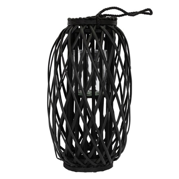 ECD Germany Laterne Ried 50 x Ø28 cm mit Henkel, Schwarz, Seilfaser, Flechtoptik, Rattan Windlicht mit Glaseinsatz, Retro-Laterne Korbgeflecht, Handgeflochtene Gartenlaterne Kerzenhalter Kerzenständer