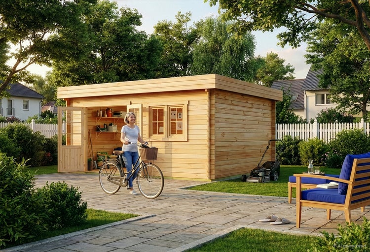Gartenhaus aus Holz im Garten mit einer Frau, die ein Fahrrad schiebt, und Gartenmöbeln im Hintergrund bei Sonnenschein.