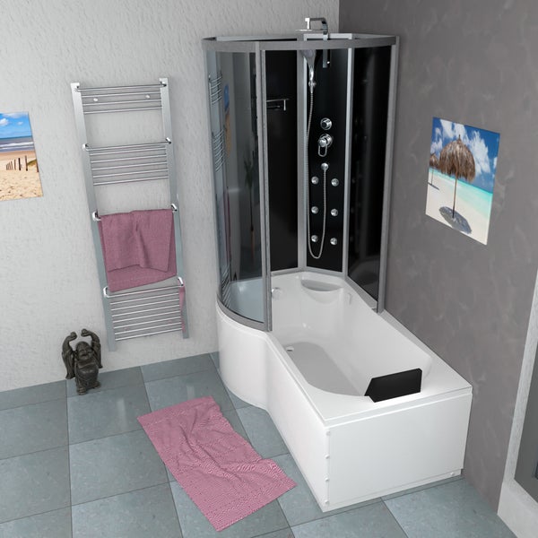 Moderne Duschkabine mit Regenduschkopf, Handbrause, Glasablage und verchromten Armaturen vor schwarzen Wandpaneelen.