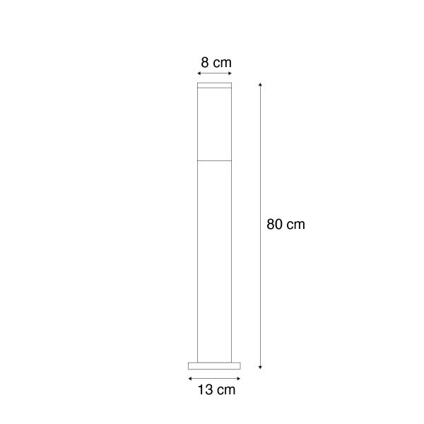Maßzeichnung einer Wegeleuchte mit einer Höhe von 80 Zentimeter, einem Durchmesser von 8 Zentimeter und einem Sockel von 13 Zentimeter.
